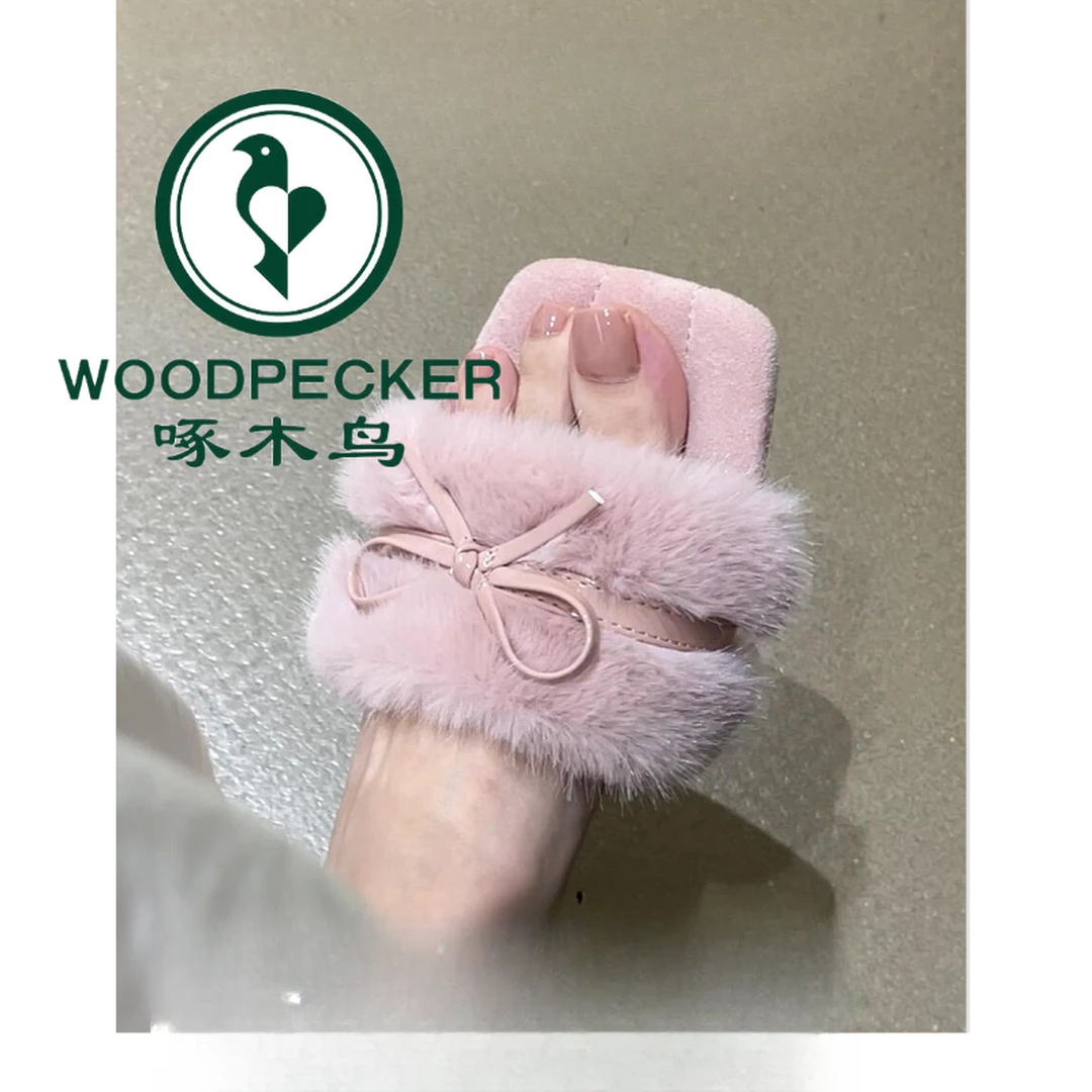 啄木鸟法式蝴蝶结毛毛鞋女外穿2025年新款不累脚方头露趾平底拖鞋