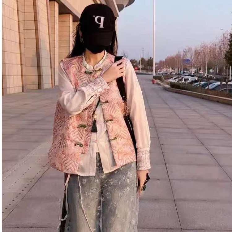 2025春季中式国风休闲复古马夹立领中式D圆领盘扣祥云提花马甲女