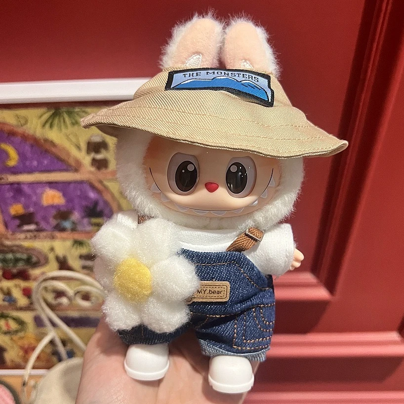 新品17厘米Labubu娃衣着替可爱坐坐派对搪胶挂件配饰背带裤套装