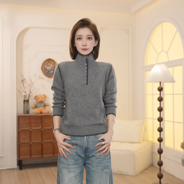 Basic House/百家好2026早春新款百搭长袖高领半开扣毛衣女NDQ52