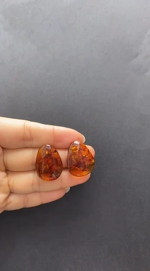 【闪购商品】琥珀裸石银S925镶嵌花珀耳钉