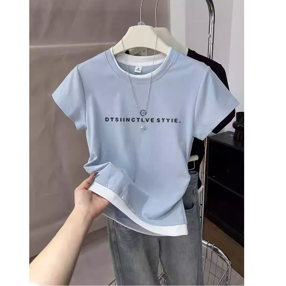 夏季新款纯棉假两件浅蓝色圆领短袖t恤女小众收腰修身显瘦上衣潮
