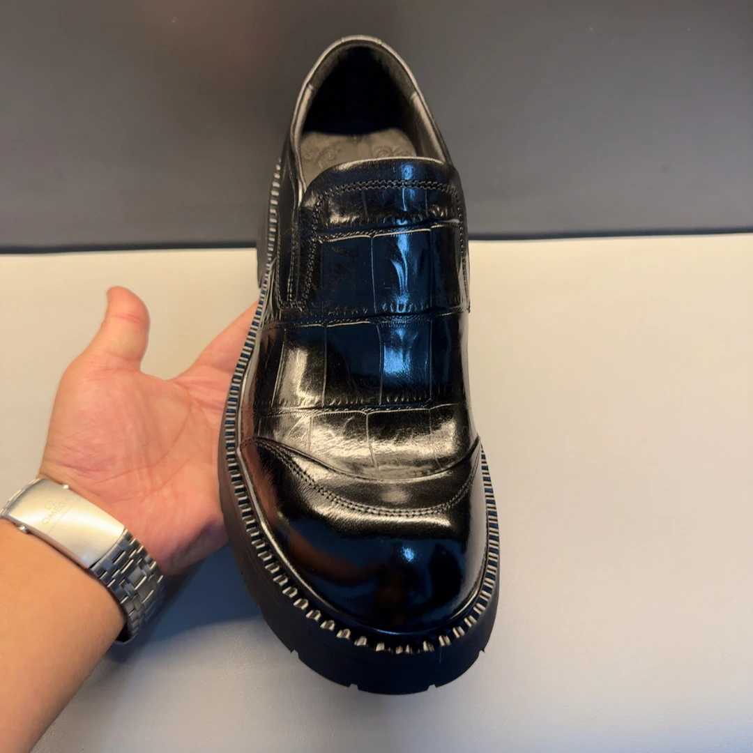 秋冬季新款外贸男鞋一脚蹬商务休闲大头皮鞋石头纹纯皮男鞋