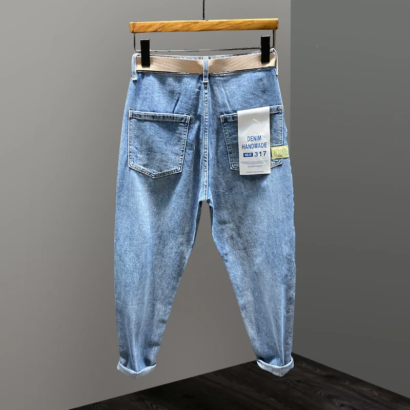 Jeep吉普浅蓝色春秋季锥形裤萝卜哈伦男士牛仔裤宽松直筒微弹长裤