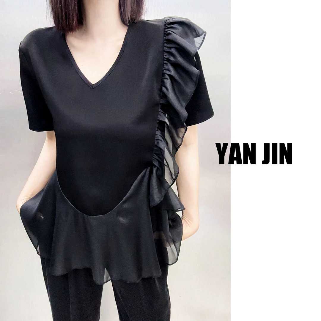 【手摇花套装】显瘦气质缎料夏季套装 拍上衣送裤子 - 套装