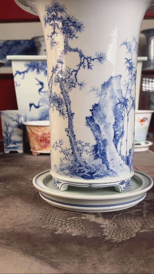 【闪购商品】釉下青花松竹手绘盆釉下青花松竹手绘盆