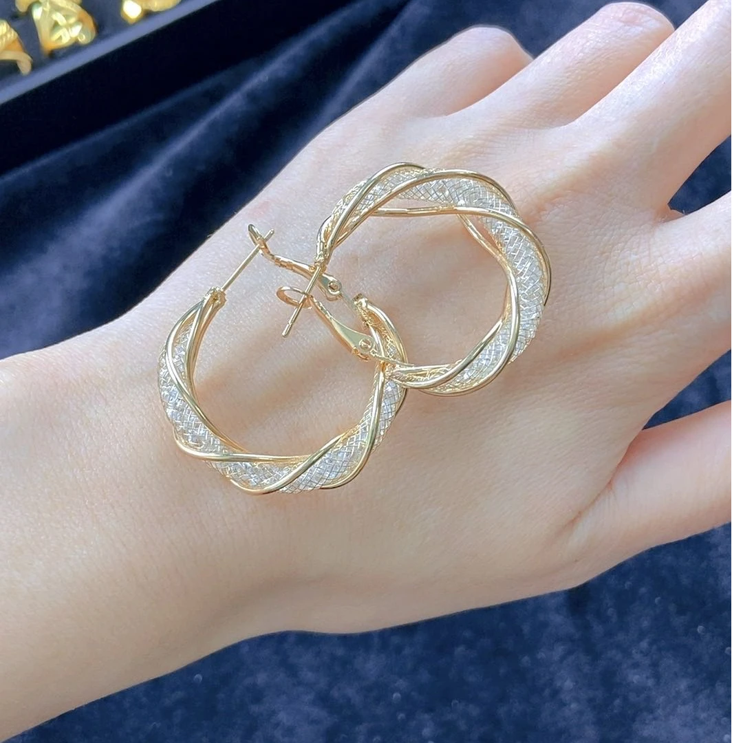 铜合金无非金属耳饰 铜合金合成锆石耳饰耳环高奢镂空网镶锆圆形