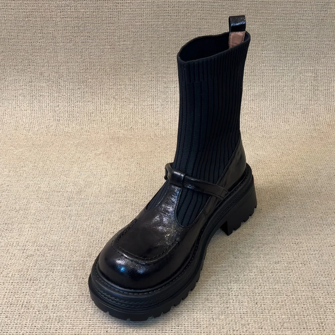 RubyL/6cm复古风通勤百搭魔术贴拼接针织圆头厚底粗跟瘦瘦靴女款