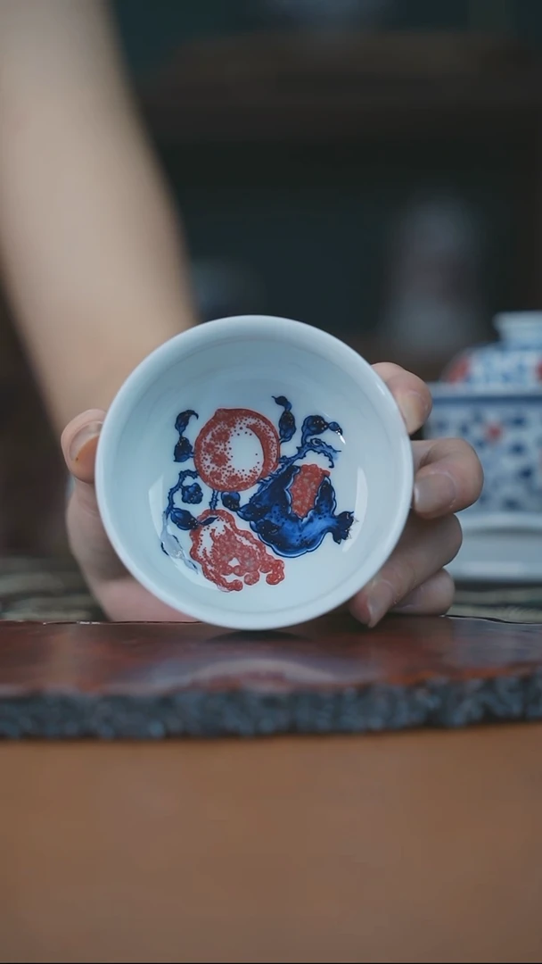 阳春白雪青花釉里红元青色三多主人杯