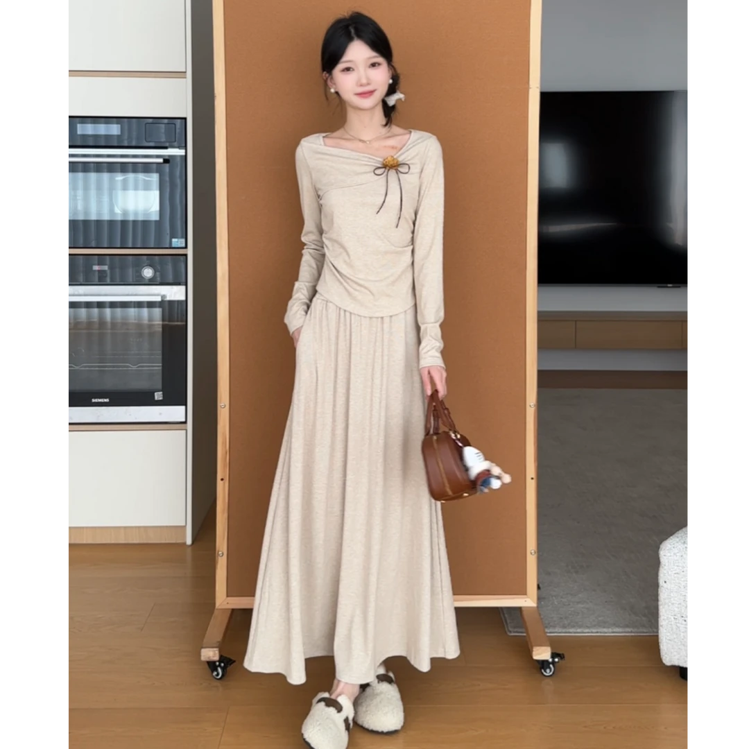 鹿向南「寻梦山茶」法式杏色毛衣早秋漂亮独特长袖时尚小众上衣套装