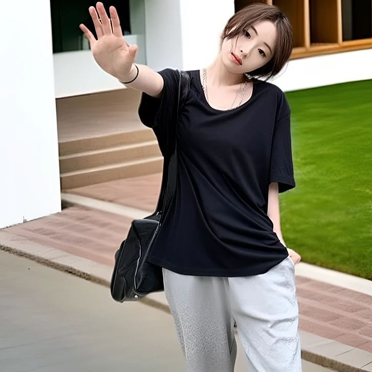 白月光大领口V领纯色上衣2025年t恤夏季女短袖高弹宽松显瘦内搭