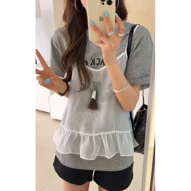 1119#喜大东#韩系设计感假两件吊带蕾丝卡通 套头T(福利)