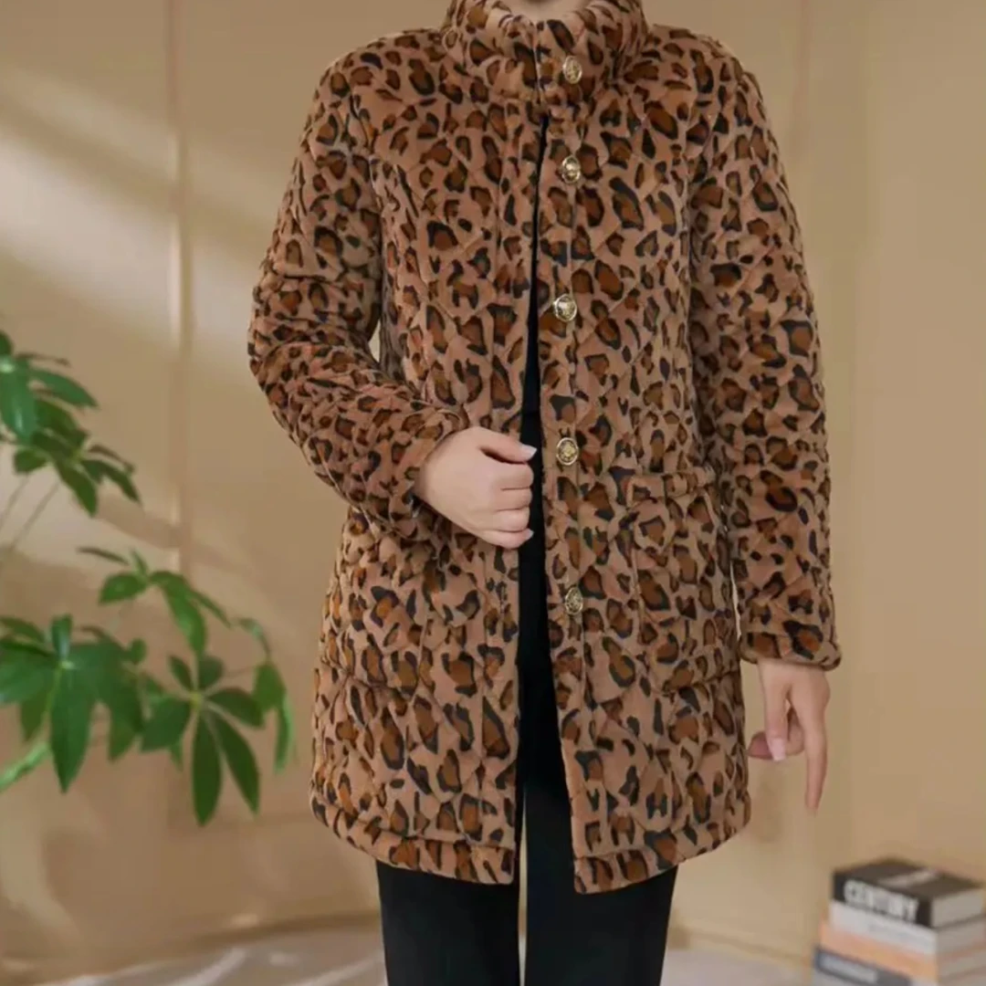 2025冬季新款时尚气质妈妈棉袄洋气时髦豹纹加绒加厚立领棉衣外套