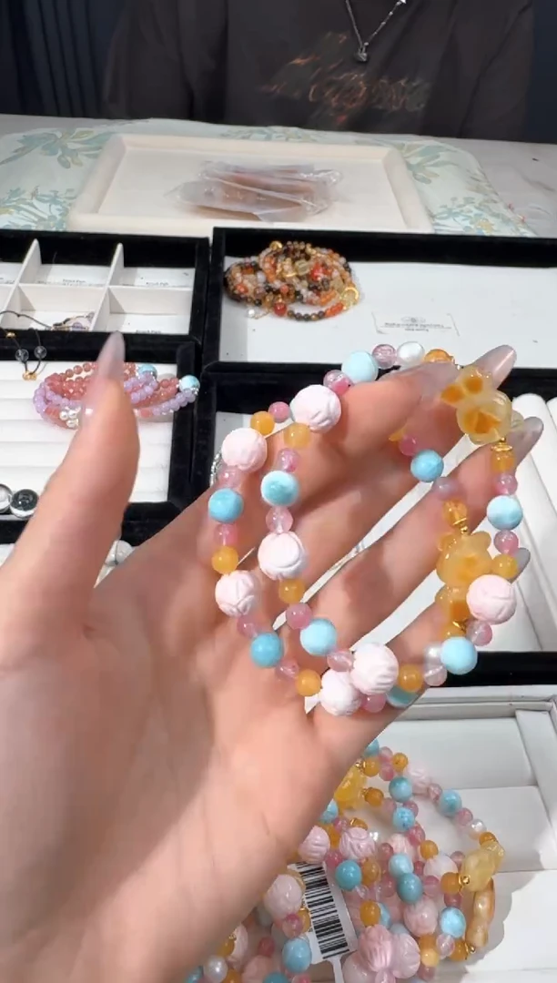 水晶手链银S925镶嵌E062海纹粉贝莲花款