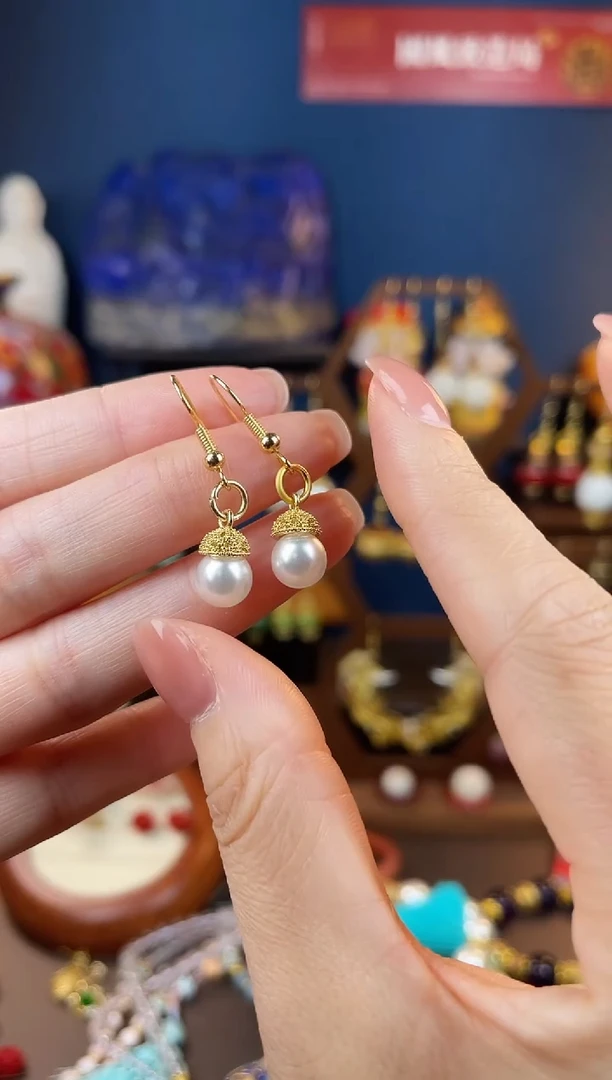 银S925镀金镶嵌淡水珍珠耳饰噬*，115号蕾丝仿花丝半月耳钩