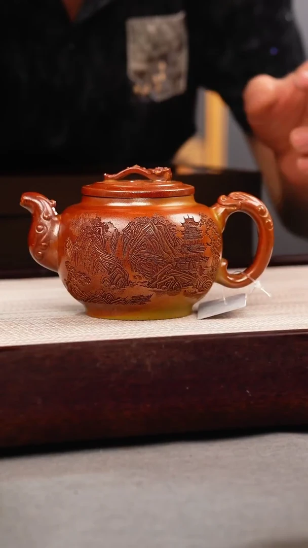 茶壶紫砂火云烧 如意鼓壶 刻绘