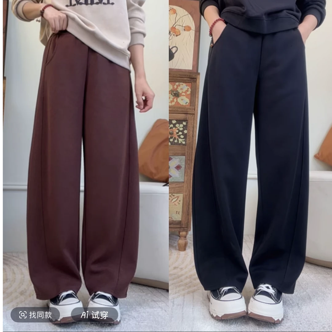 棉休闲裤女秋冬款直筒小弯刀加绒微胖款百搭显瘦时尚