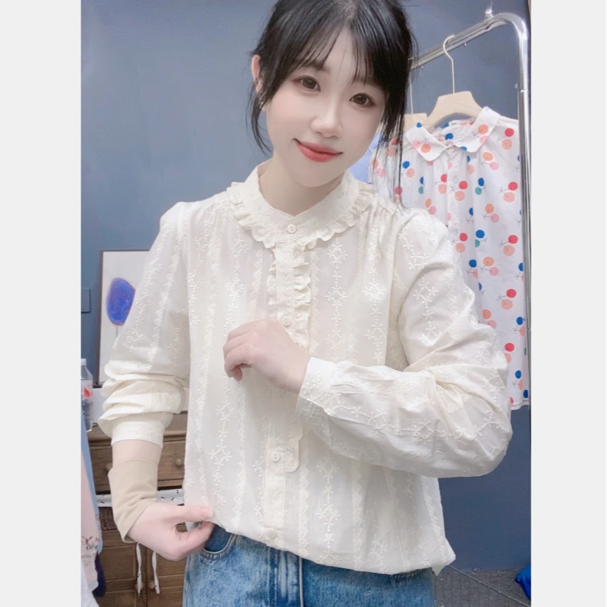 韩范甜美风木耳边装饰 满幅刺绣纯棉小衫春季新款长袖衬衫女