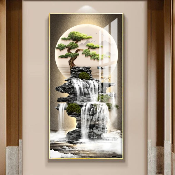 视频热门第二款高山流水迎客松现代简约玄关画过道走廊挂画
