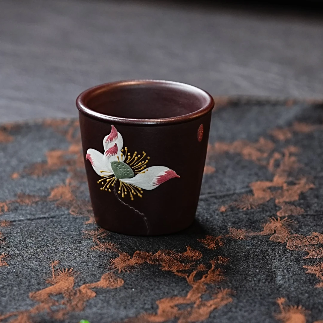 宜兴正宗紫砂紫泥荷花杯纯手工主人杯手绘茶道精美梅兰竹菊莲花