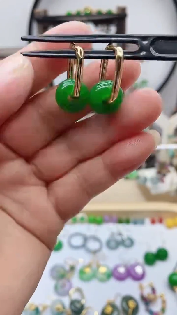 14K金镶嵌石英质玉（天山翠）耳饰50