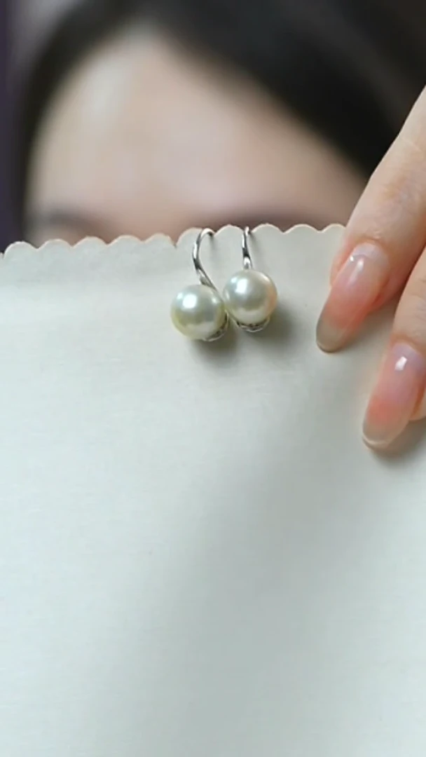 银S925镶嵌海水珍珠耳饰9-10澳白珍珠耳饰