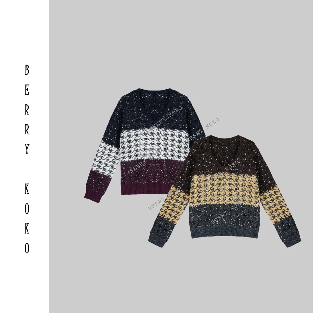 【MISSKO】 复古气质撞色花纹“亮闪闪”V领显瘦羊毛材质套头毛衣M9