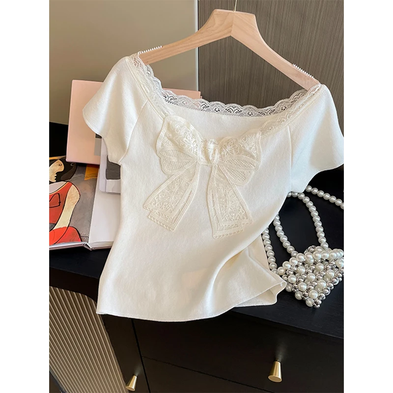 重工设计感刺绣蝴蝶结蕾丝花边短袖上衣女夏季修身显瘦露肩针织衫