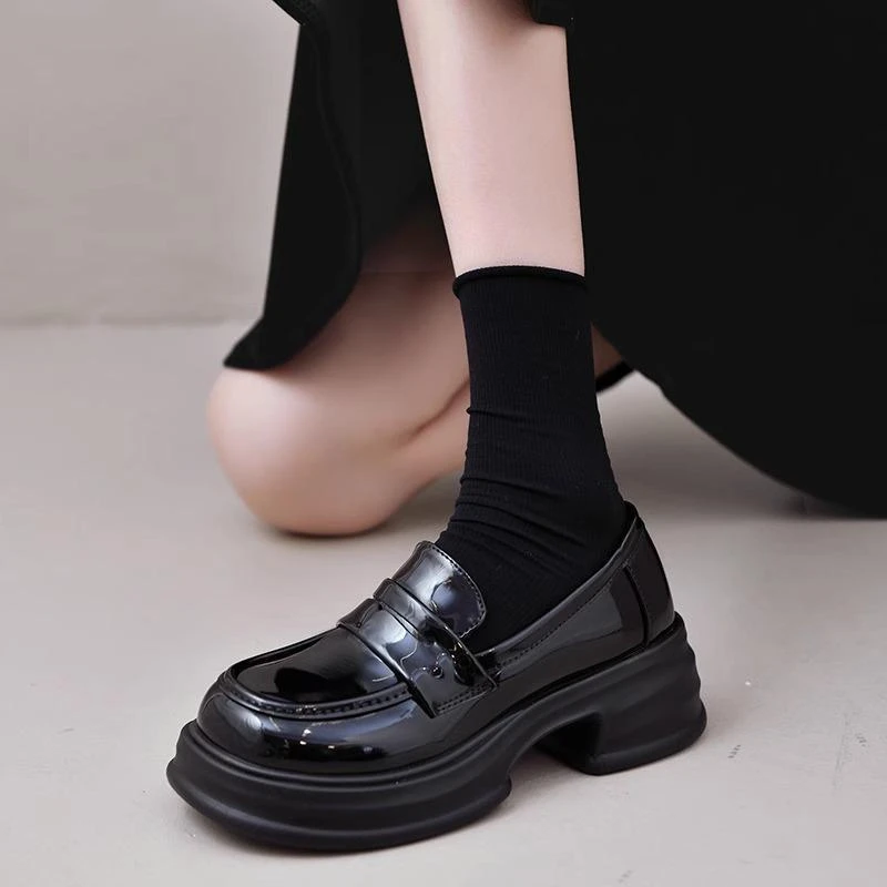 般袖夏秋透气乐福鞋防水台单鞋黑色学院风日系皮鞋百搭厚底英伦风