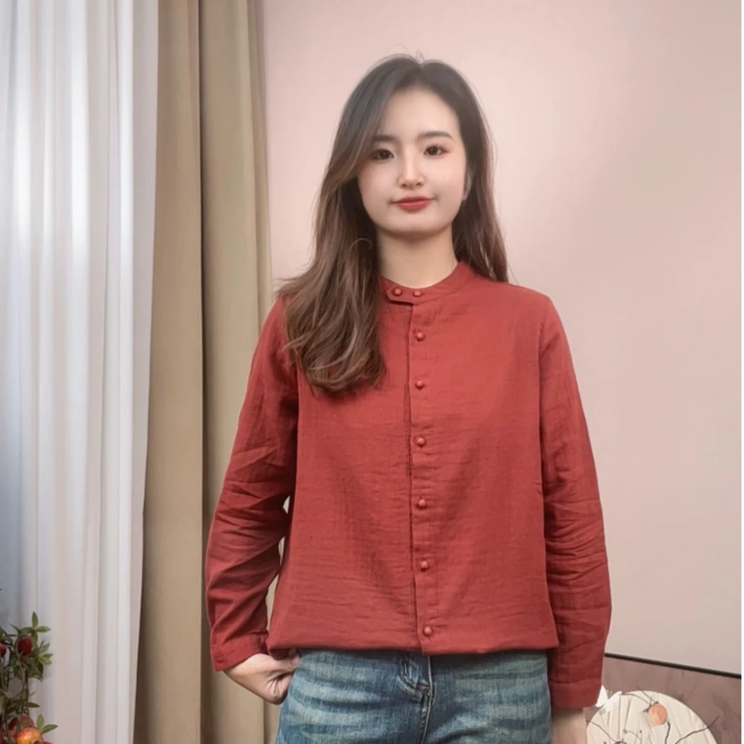 2025春季包扣立领长袖衬衫休闲简约百搭婴儿棉双层纱上衣女3955