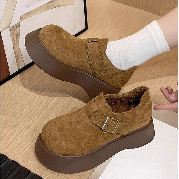 真皮厚底加绒勃肯鞋女2025秋冬小个子增高一脚蹬松糕底保暖乐福鞋