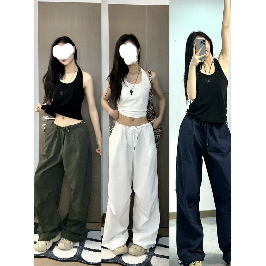 甜酷抽绳高腰休闲裤女夏个性宽松拖地裤子垂感工装阔腿裤百搭长裤