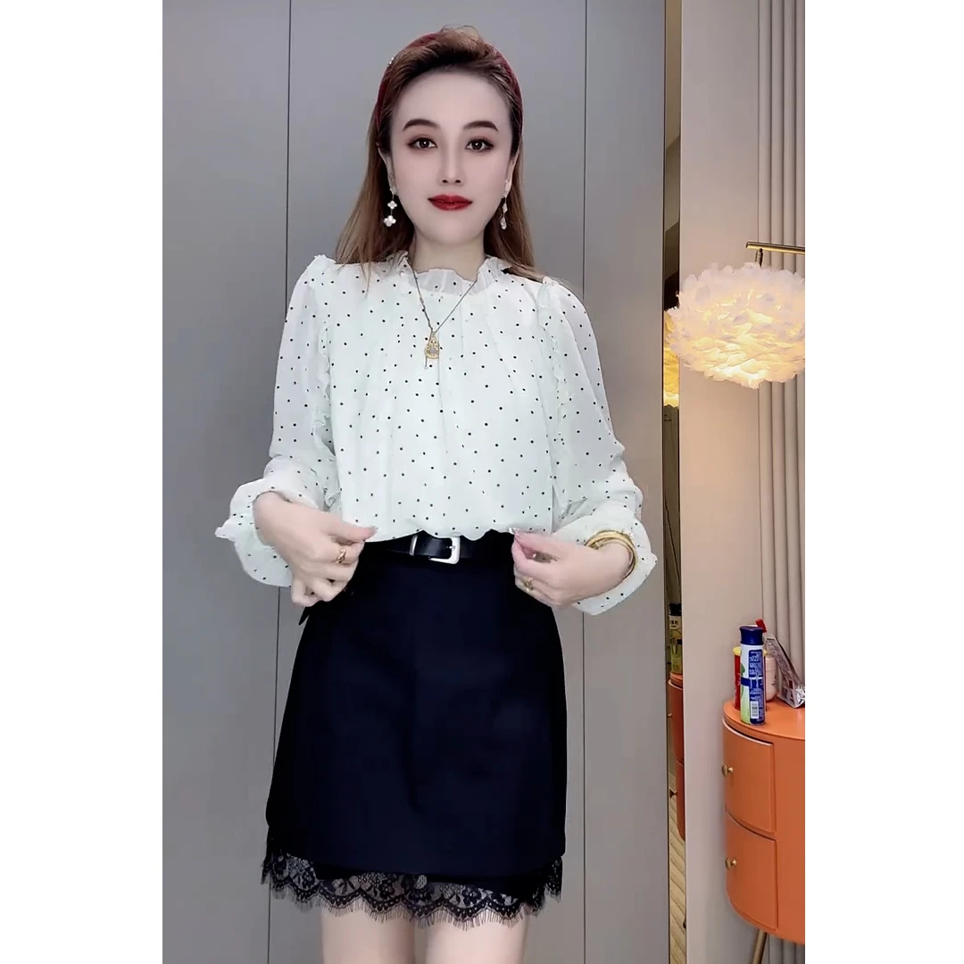 法式漂亮波点木耳边雪纺衬衫女洋气减龄设计感小众时尚长袖上衣
