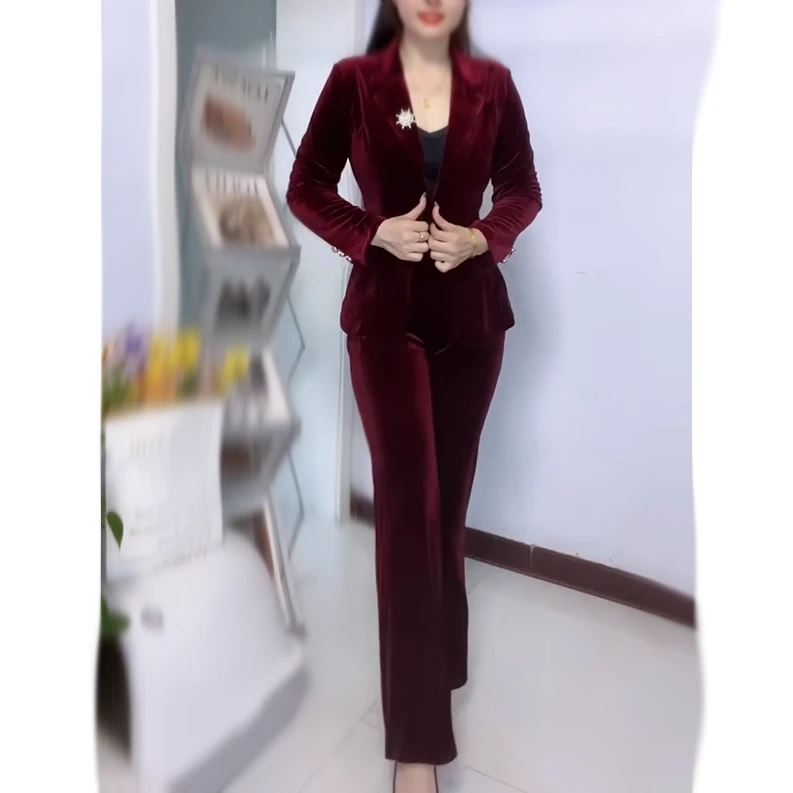 2025秋季轻奢金丝绒喇叭裤通勤风轻熟风显瘦休闲风时尚套装女