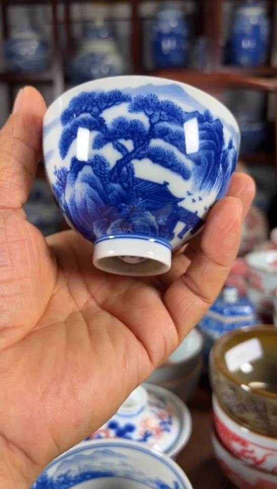 柴窑青花山水鸡心杯杯