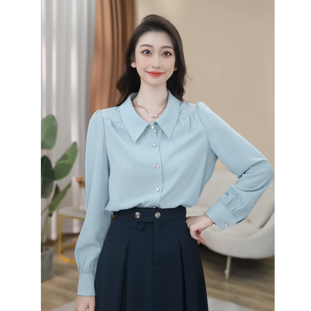 【早鸟价】淡蓝色长袖衬衫女轻奢设计感通勤职业衬衣8593158B【甜甜】
