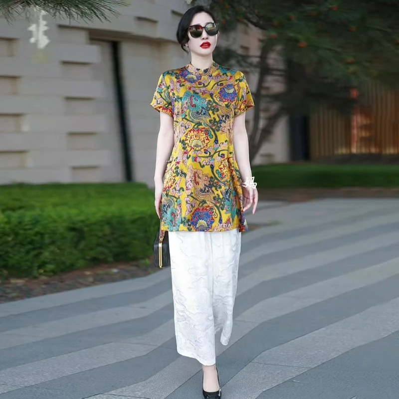 6211新中式中长款上衣2025夏季新款盘扣复古国风旗袍改良印花衬衫