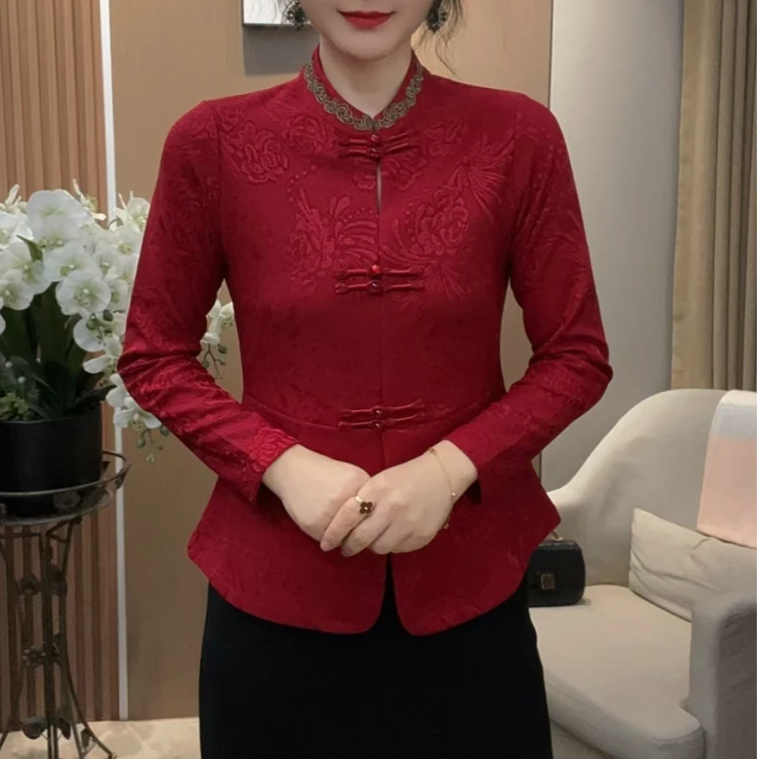 套头款不加绒-时尚洋气显瘦气质长袖立领提花刺绣国风百搭上衣