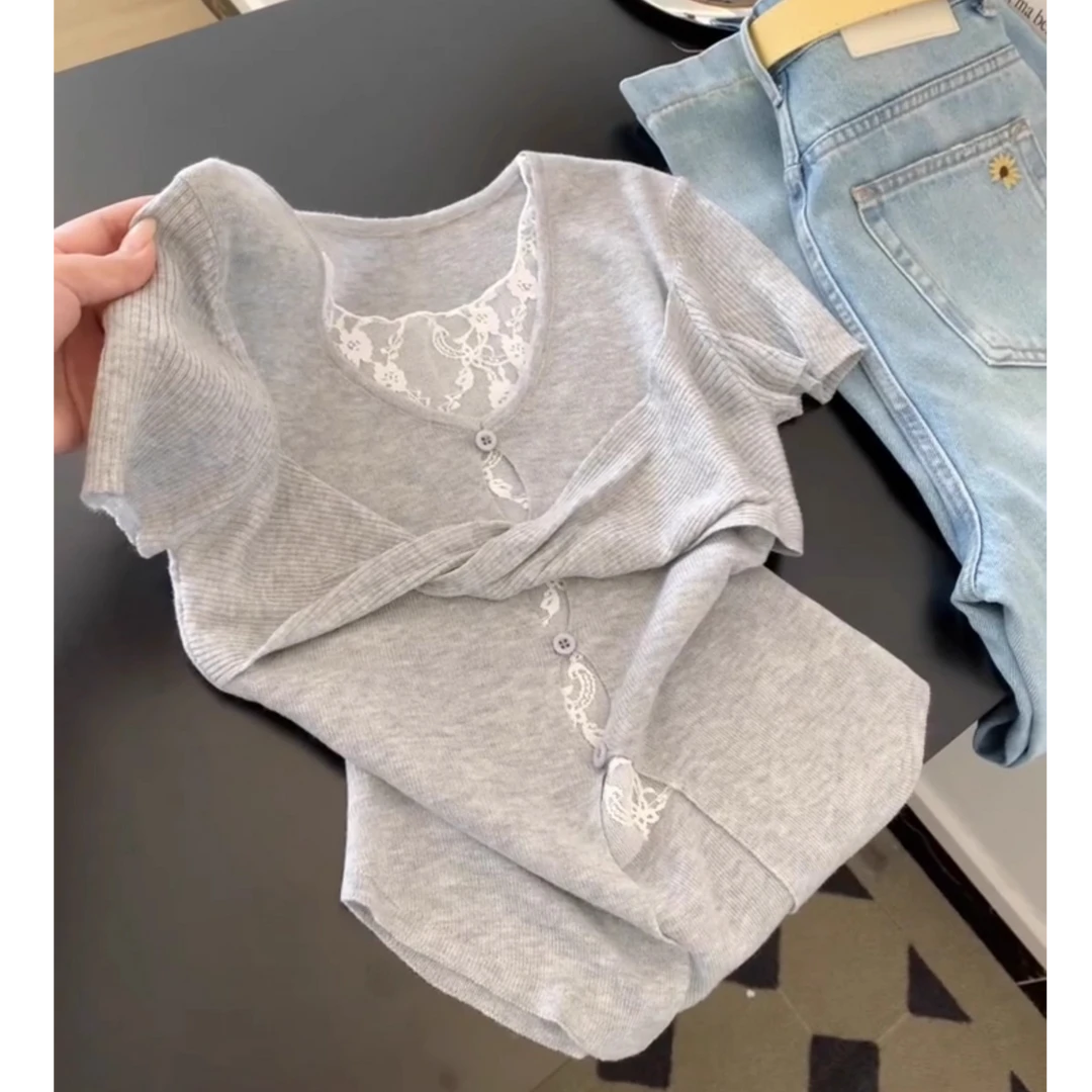 纯欲风蕾丝拼接镂空扭结针织短袖T恤女夏季新款小众修身显瘦上衣