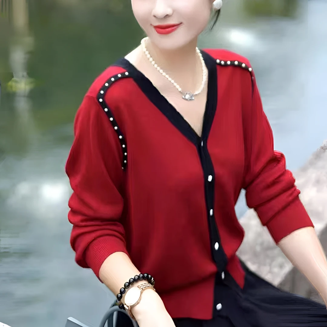 气质V领钉珠长袖针织衫女开衫宽松显瘦洋气上衣秋冬中长款半身裙