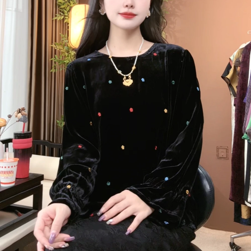 2025秋季桑蚕丝新款丝绒上衣女时尚新中式国风显瘦上衣女S201
