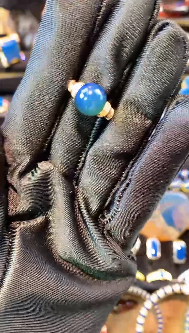 【闪购商品】琥珀珠宝奇石银S925镀金镶嵌9MM高蓝戒指