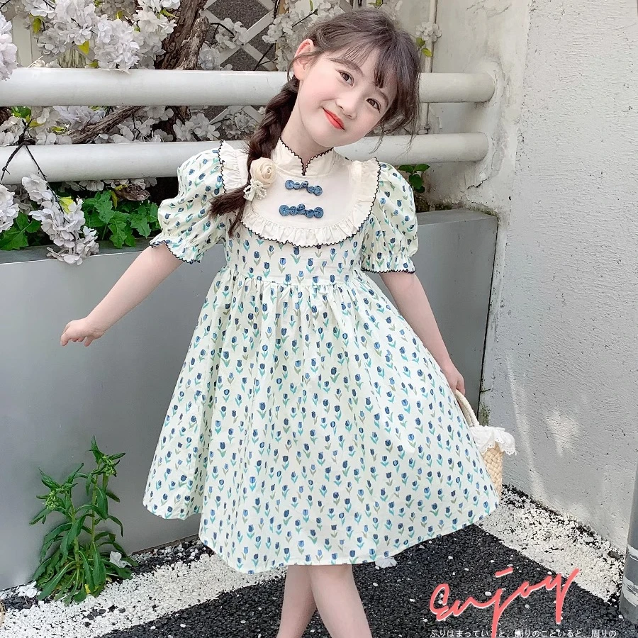 女童夏季休闲风波点连衣裙旗袍泡泡袖碎花 Q24208
