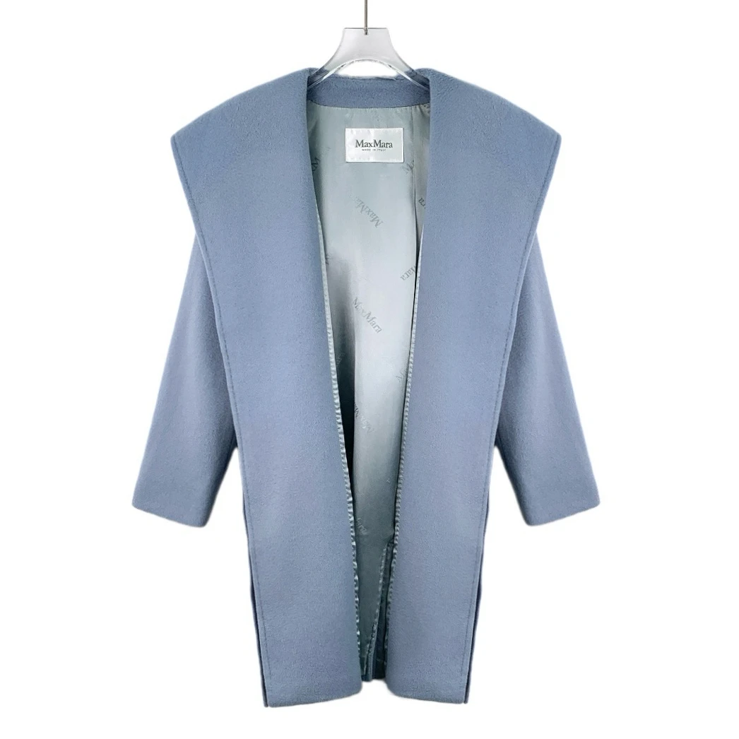 99新 MaxMara IW0226 蓝色骆驼毛连帽腰带款大衣外套 38码