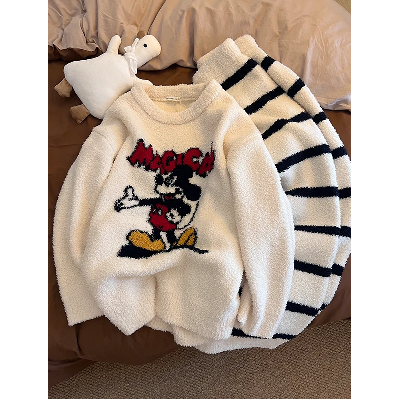 韩版可爱米奇针织半边绒睡衣女秋冬加厚保暖毛绒家居服套装可外穿