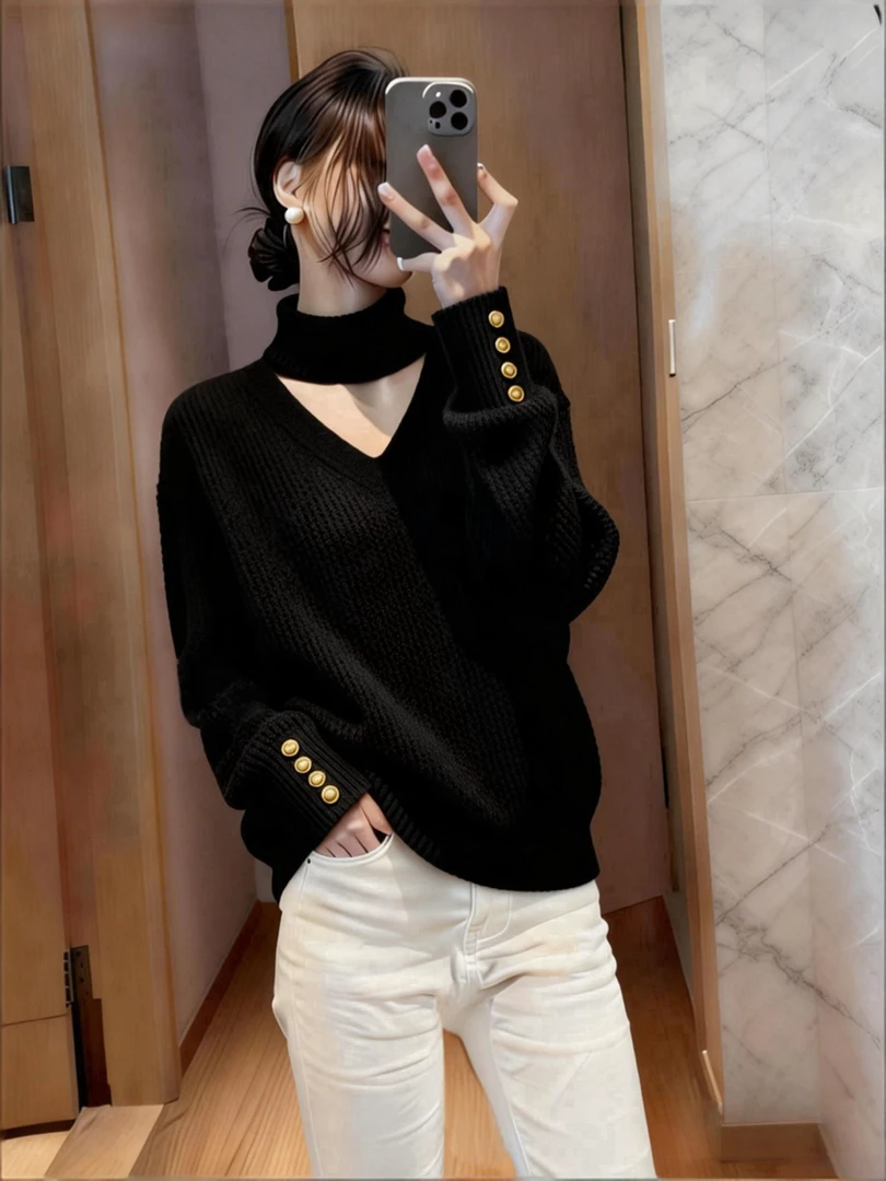 时尚慵懒风镂空针织衫女秋冬新款设计感巨好看软糯内搭套头毛衣女