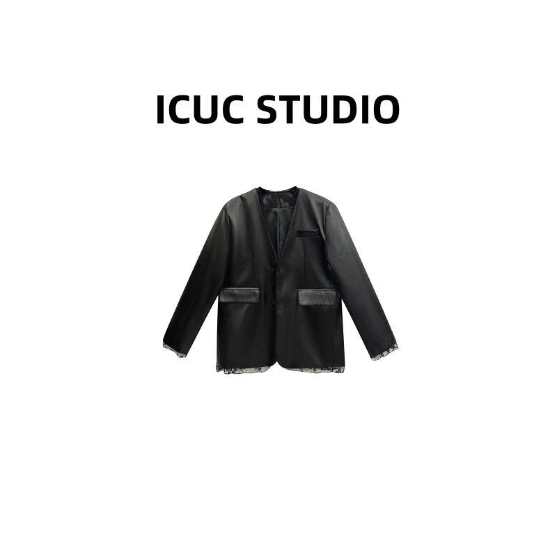 ICUC定制-【丝滑黑巧蕾丝拼接V领外套】早春款韩版宽松百搭外套5050