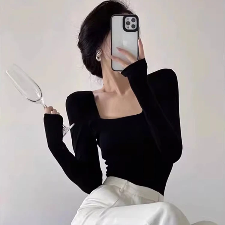 黑色方领长袖t恤女早秋低领露锁骨显瘦打底衫内搭紧身高级感女装