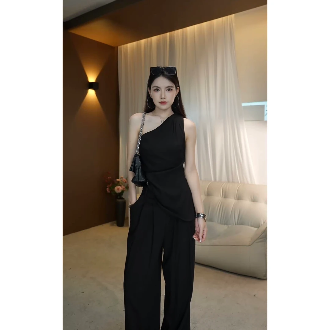 JIAMI气质套装收腰斜肩背心女夏季垂坠感拖地阔腿裤两件套251832