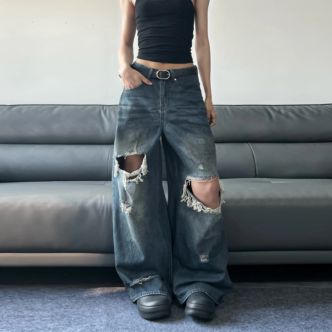 JADEQILIN 原创美式复古水洗做旧破洞阔腿牛仔裤小众高街百搭